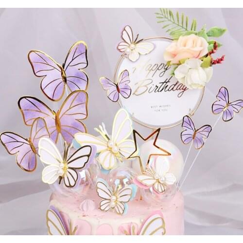 3Pcs/Lot Pink Purple Butterfly Happy Birthday Cake Toppers Kids Happy Birthday Cake Topper for Baby Shower Wedding Cake Decor