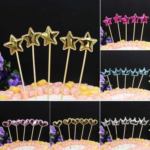 5Pcs/bag Love Birthday Cake Toppers Crown Stars Cupcake Topper Flags For Wedding Kids Birthday Party Supplies Cake Decoration