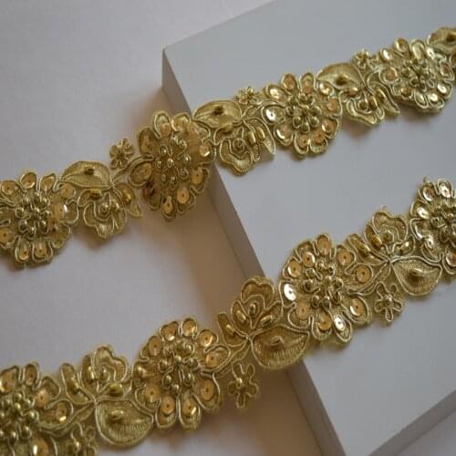 5Yards High Quality Gold Beaded Flower Lace Fabric Applique Braided Lace Trim Guipure Laces Ribbon Sewing Trimmings For Clothing