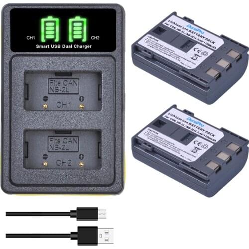 2x 1100mAh NB-2L NB-2LH Battery + USB Charger With Type C Port for Canon EOS 400D S80 S70 S50 S60 350D G7 G9 Kiss N X Rebel XT