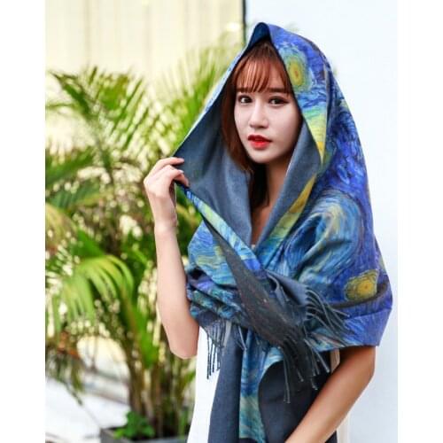 Two Sides New Cashmere scarf Fashion women Star sky Oil Painting Digital Printing shawl and wraps bandana female foulard tassel