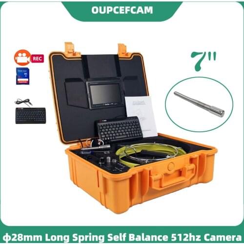 Φ28mm Long Spring Self Balance 512hz Camera Drain Sewer Pipe Inspection Endoscope 7" Screen DVR Keyboard Meter Counter 5mm Cable