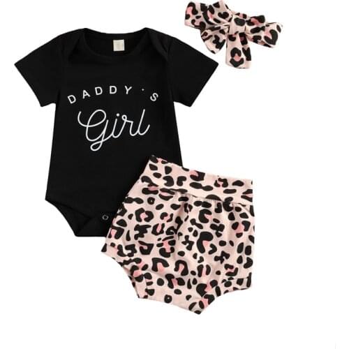 Lioraitiin 0-18M Newborn Infant Baby Girl Fashion 3pcs Clothing Set Short Sleeve Letter Printed Romper Leopard Shorts Set