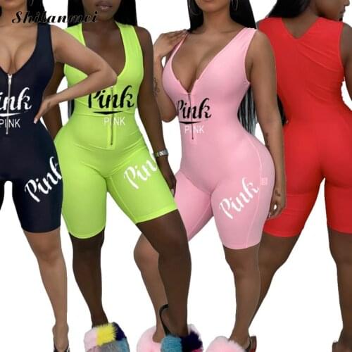 Sexy Shorts Romper Bodycon Jumpsuit Women Pink Letter Print Zip Up Jumpsuit Romper 2020 Party Club Outfits Playsuits Streetwear