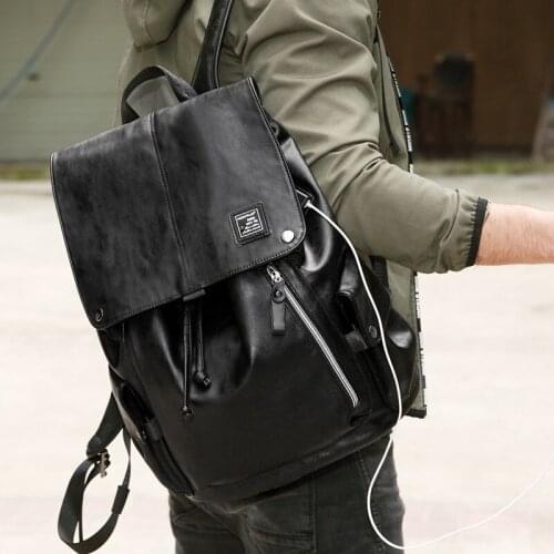 Men Backpack External USB Charge Waterproof Backpack Fashion PU Leather Travel Bag Casual School Bag leather bookbag