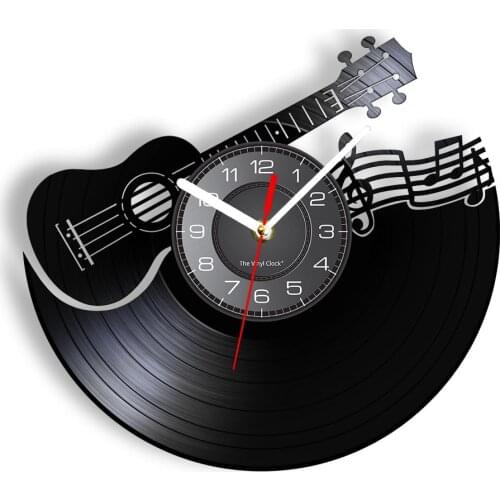 Black Acoustic Guitar Music Notes Vinyl Record CD Disc Wall Clock Musical Wall Art Decor Musician Guitarist Exclusive Wall Watch