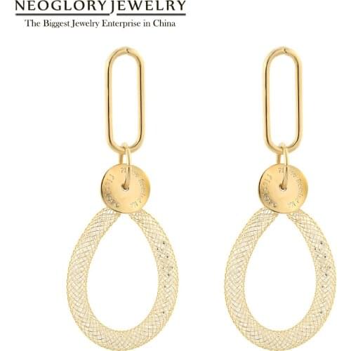 Neoglory Anti Allergy Golden Crystals Long Drop Earring For Women Statement Charm Coin & Metal Mesh Earrings Gift For Girlfriend