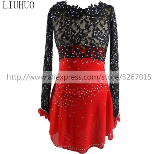LIUHUO Figure Skating Dress Womens Girls' Ice Skating performance Rhythmic gymnastics competition Dance Red Black Long sleeve