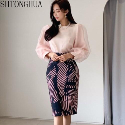 Runway Spring Women Skirt Set 2020 Fashion Pink Mesh Lantern Sleeve Shirt Tops + High Waist Printed Pencil Skirts Suit