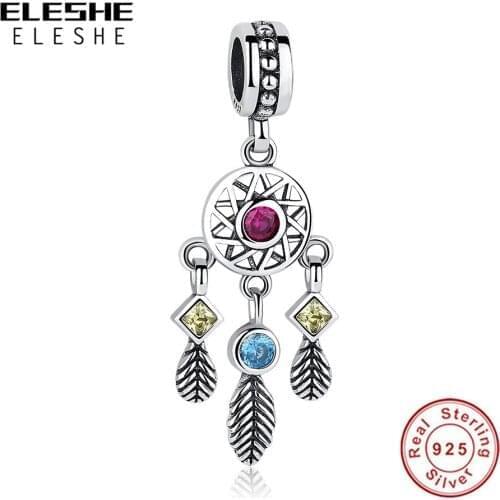 Wholesale 5PCS ELESHE S925 Silver Colorful Dreamcatcher Dangle Bead Fit Jewelry Making Charm Original Bracelet DIY Accessories