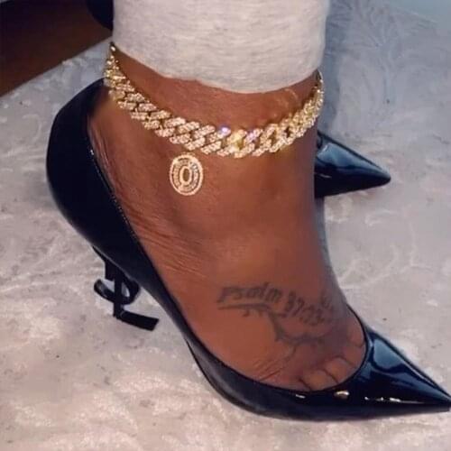 Hip Hop Initial Letters Pendants Cuban Link Chain Letter Anklet For Women Iced Out Baguette A-Z Initials Chunky Anklets Jewelry