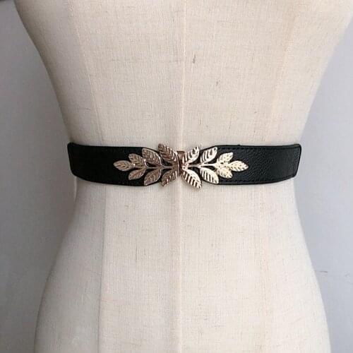 Leaf buckle waistbands for women girl fashion gold alloy leaves thin elastic belts for dress jeans lady party accessories gifts