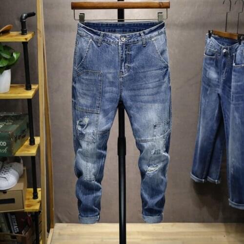 Spring New Mens Jeans Fashion Hip Hop Patchwork Frayed Little Feet Vintage blue Denim Cargo Pants Trousers Plus Size 28-42