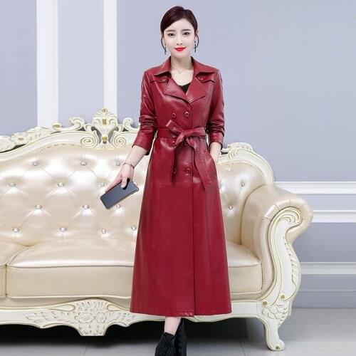 Women X-Long Faux Leather Jacket With Belt 2019 New Ladies Ventilation Washed PU Leather Trench Coats 5XL Female Windbreaker