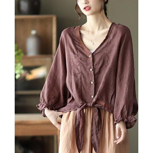 Oversized Women Summer Loose Casual Sunscreen Shirts New 2021 Vintage Style V-neck Embroidery Female Cotton Linen Tops B065