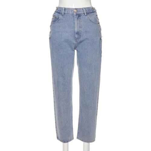 Harajuku High Waist Hollow Out Chain Design Slim Jeans Woman 2021 Leisure Streetwear Commute High Quality Strgight Pants Denim