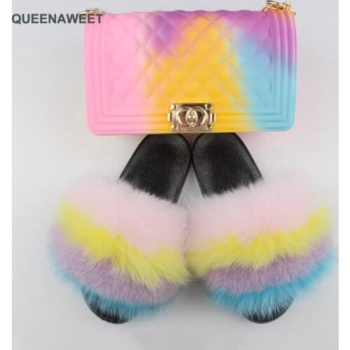 Women Fox Fur Slides Summer New Flat Flip-flops Mixed-color Jelly Purses Set Dropshipping Hand Bags Fashion Fluffy Sandals