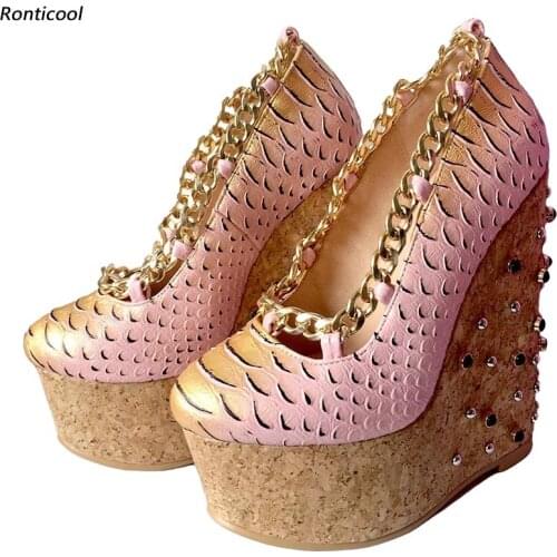 Ronticool Handmade Women Beautiful Pumps Sexy Gold Chain Wedges Heels Round Toe Pretty Pink Party Shoes Women US Plus Size 5-20