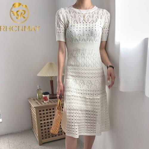 New Women Hollow Out Knitted Dress 2020 Summer Short Sleeve Sweater Long Chic Dress Elegant Midi Bodycon Mermaid Dress