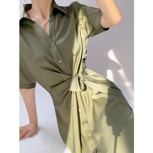 VKBN Summer Shirt Dress Women Sashes Elastic Waist Turn Down Collar Short Sleeve Fashion Party Dress Elegant Vestidos De Fiesta