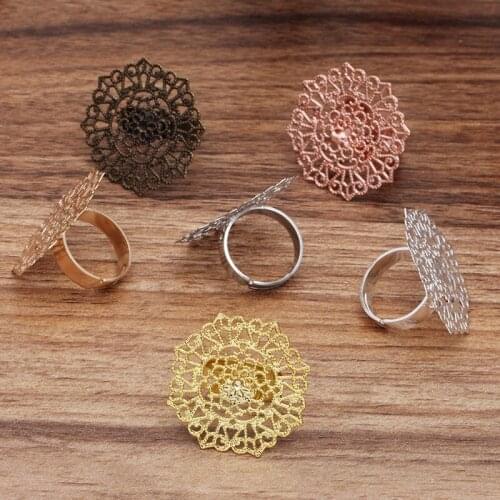 200pcs 32mm Blank Filigree Flower Bezel Tray Bases Adjustable Ring Settings DIY Women Rings Making Findings Jewelry Accessories
