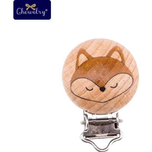 4pcs Baby Beech Wooden Teether Printed Pacifier Clip Wooden Fox Rodent Dummy Clips Diy Nipple Pacifier Chain Children Goods Toy
