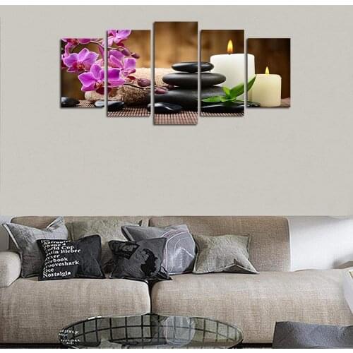 5 Panel Canvas Wall Art Spring Zen Stone Canvas Print Painting Orchid Flower Home Picture Frame