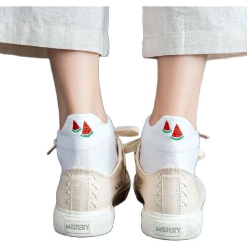 Spring and Summer White Solid Color Cotton Socks Embroidered Fruit Socks Women Low Cuff Boat Socks