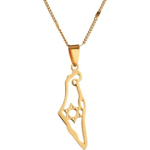Stainless Steel Israel Map Pendant Necklace Trendy Hexagram Magen David Star of David Jewish Jewelry
