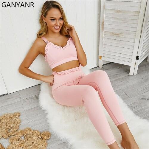 GANYANR Seamless Yoga Set Fitness Clothing Sportswear Bodysuit Workout Pants Womens Sweat Suits Crop Top Bra Sexy Tracksuit Pink