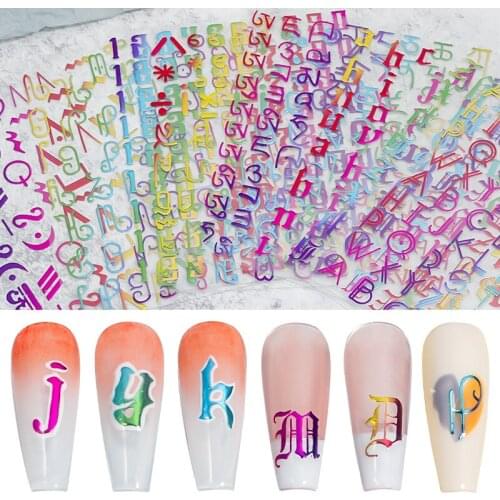 1Pc Holographic Bronze Nail Art Sticker Laser English Letters Number Multi-Shapes Adhesive Sticker Decals Manicure 3D Tips