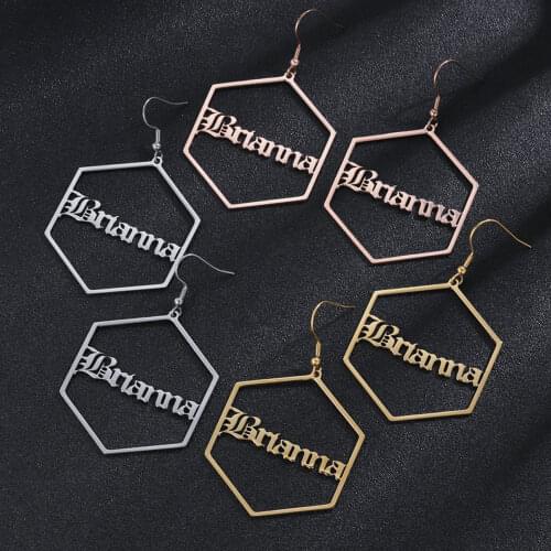 Customized Name Earrings For Women Stainless Steel Hexagonal Old English Alphabet Ear Studs Personalized Womens Jewelry 2021