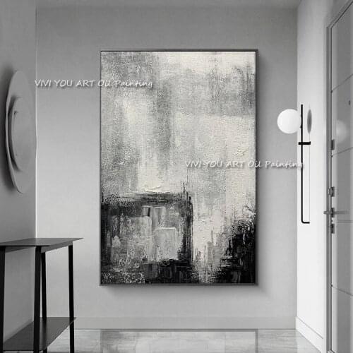 The Hot Sales Black White Hand Painted Oil Painting on Canvas Abstract Wall Square Picture for Living Room Decor Art No Framed