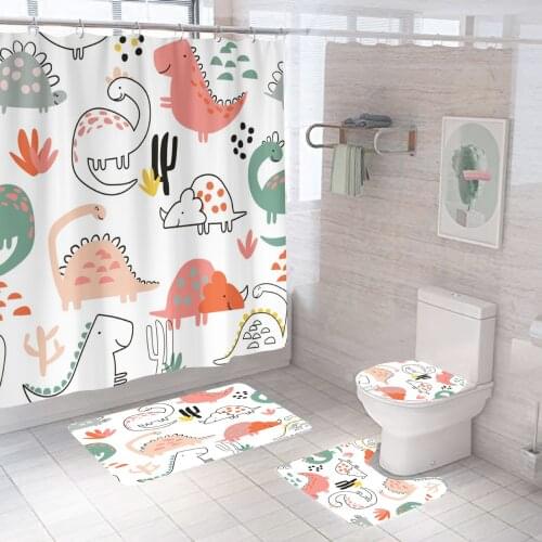 Cartoon Dinosaur Print Shower Curtain Set 3D Cute Kids Flannel Toilet Lid Cover Anti-slip Kitchen Mat Rug Home Carpets