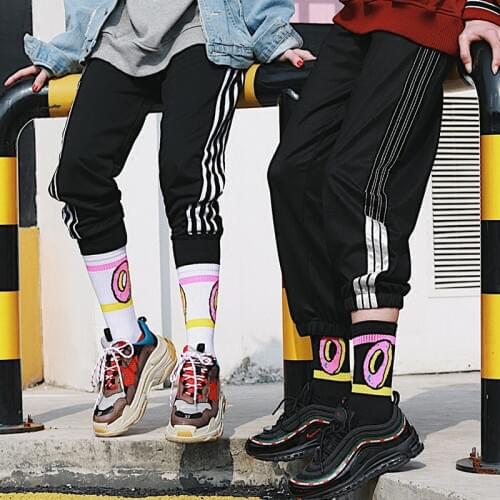 Korean chic donut Japanese Harajuku socks Two bars striped street shot couple men and women long cotton socks cool
