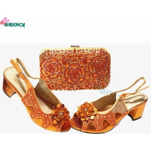 Orange Color New Arrivals Italian Women Shoes Matching Bag Set Decorate with Rhinestone Sandals for Party