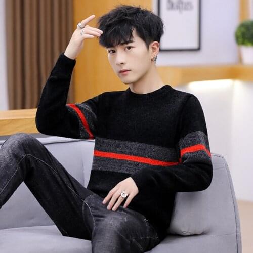 Autumn Winter Fashion Brand Clothing Men Knitted Sweater Thick Stripes Slim Fit Pullover Men 100% Cotton O-Neck Sweaters For Men