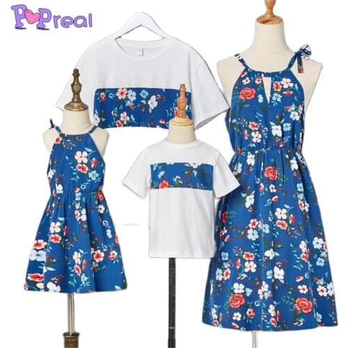 PopReal Parent-Child Dress Mother And Daughter Sling A-Line Skirt Father And Son Suit Print T Shirt Family Matching Clothes