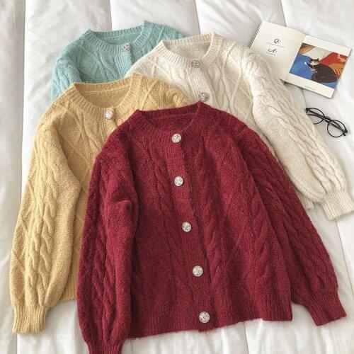 Thick Knitted Cardigans Women Loose Sweater Pearl Button Short Solid Sweaters Coat Autumn Twist Lantern Sleeve Warm Casual Coat