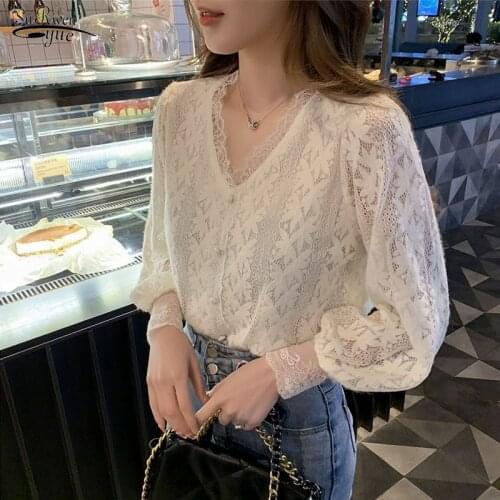 Puff Sleeve Chic Embroidery Lace Blouse Summer 2021 White Loose Womens Shirt O-neck Fashion Casual Blouse Tops Plus Size 14755