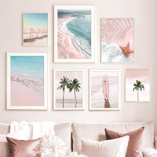 Pink Beach Surfboard Parasol Coconut Tree Wall Art Canvas Painting Nordic Posters And Prints Wall Pictures For Living Room Decor