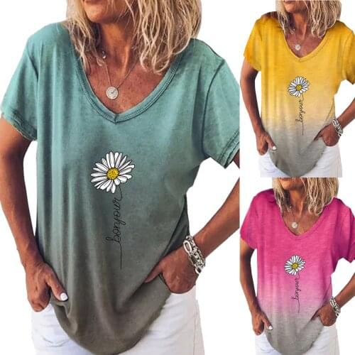 SAGACE Gradient printing fashion short sleeve V-neck small chrysanthemum womens T-Shirt Top 2021 summer new womens wear