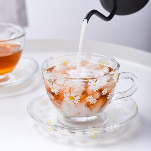 Daisy Glass Coffee Cup Ins Wind Light Luxury Coffee Set Tea Set Afternoon Tea Cup Flower Tea Latte Glassware for Drinking