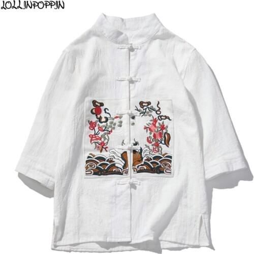 Traditional Chinese Style Embroidery Pattern Patched Mens White Shirt Three-Quarter Sleeves Men Casual Shirts Mandarin Collar