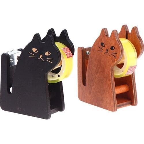 Vintage Wooden Tape Dispenser Cute Cartoon Cat Roller Tape Cutter Sealing Washi Tape Holder Manual Packing Tool Office Accessory