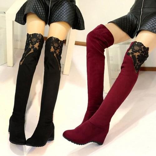 Red Black Suede High Heels Shoes Womens Elegant Stitching Lace Over The Knee Wedge Ladies Casual Winter Boots Cheap