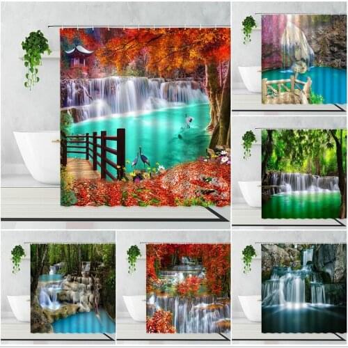 Forest Waterfall Landscape Shower Curtain Red Maple Green Jungle Birds Natural Scenery Bathroom Decor Waterproof Bath Curtains