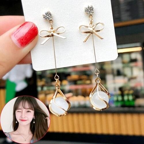 Opal Natural Stone Pendant Earrings for Women Ladies Bowknot Long Tassel Dangle Earrings Party Wedding Earring Jewelry