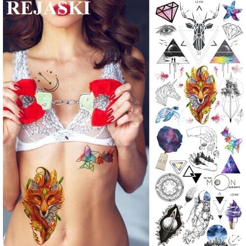 REJASKI Tribal India Feather Fox Temporary Tattoos For Women Sticker Diamond Moon Triangle Elk Deer Fake Tatoos Art Tattoo