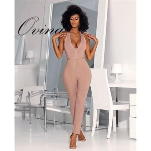 Top Quality New Halter V Neck Backless Sleeveless Bandage Jumpsuit Womens Rompers